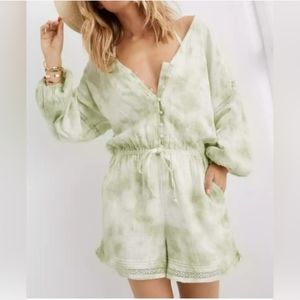 Aerie Romper Lime Green Tie Dye Shorts & Long Sleeves V Neck Button Down - Small